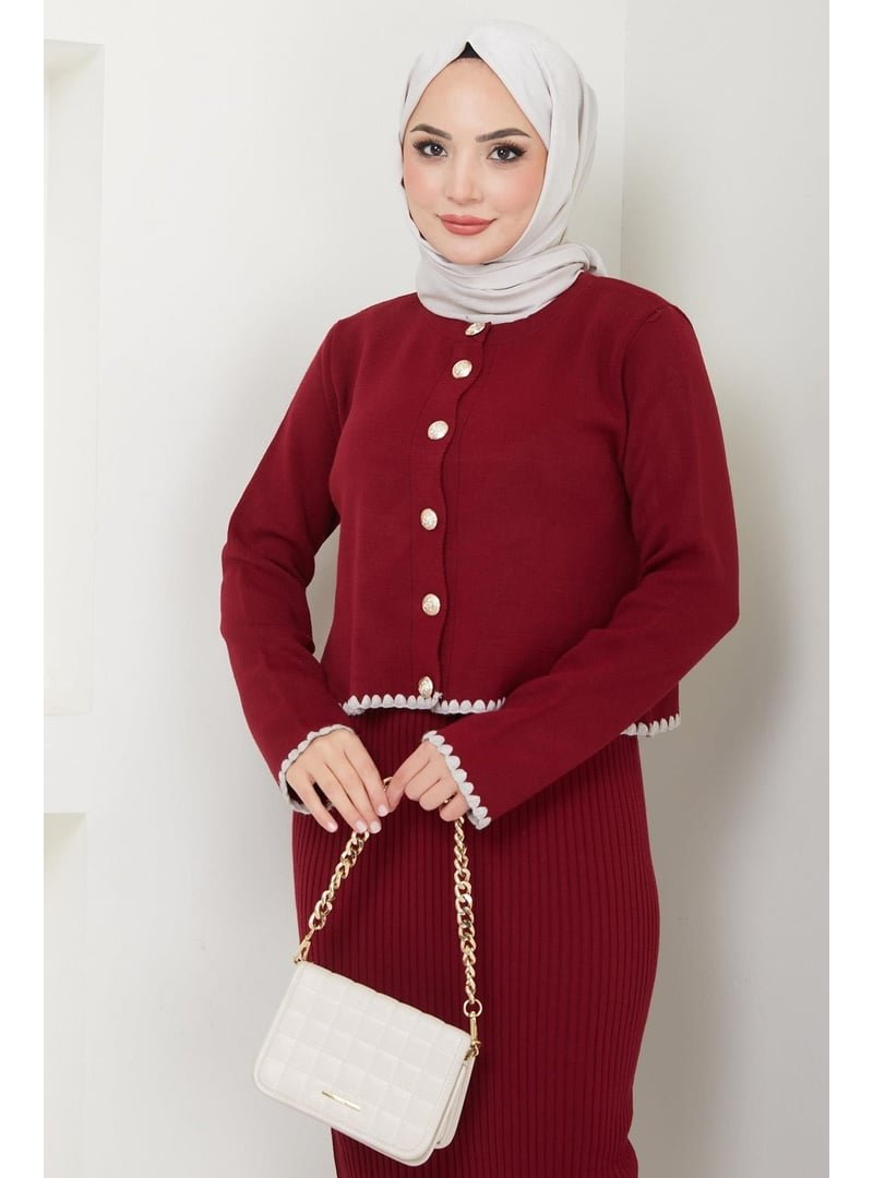 Hafsa Mina Bordo Çoban Dikişli Hırka Ve Jile Triko Takım