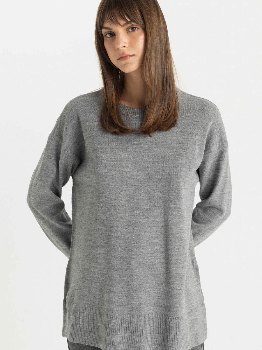 Defacto Regular Fit Bisiklet Yaka Yırtmaçlı Basic Düz Triko Kazak Tunik C5165ax24au