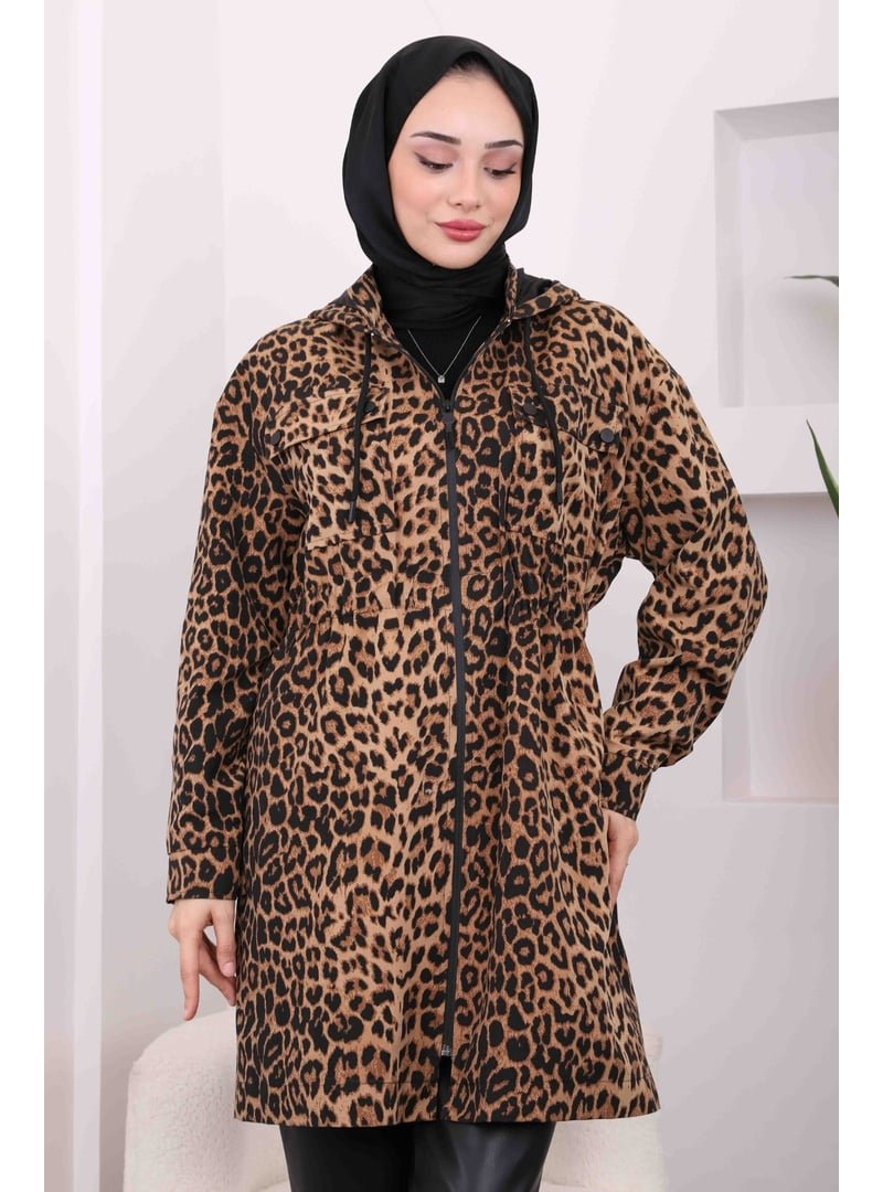 İmaj Butik Camel Bel Büzgülü Kapüşonlu Leopar Trenç