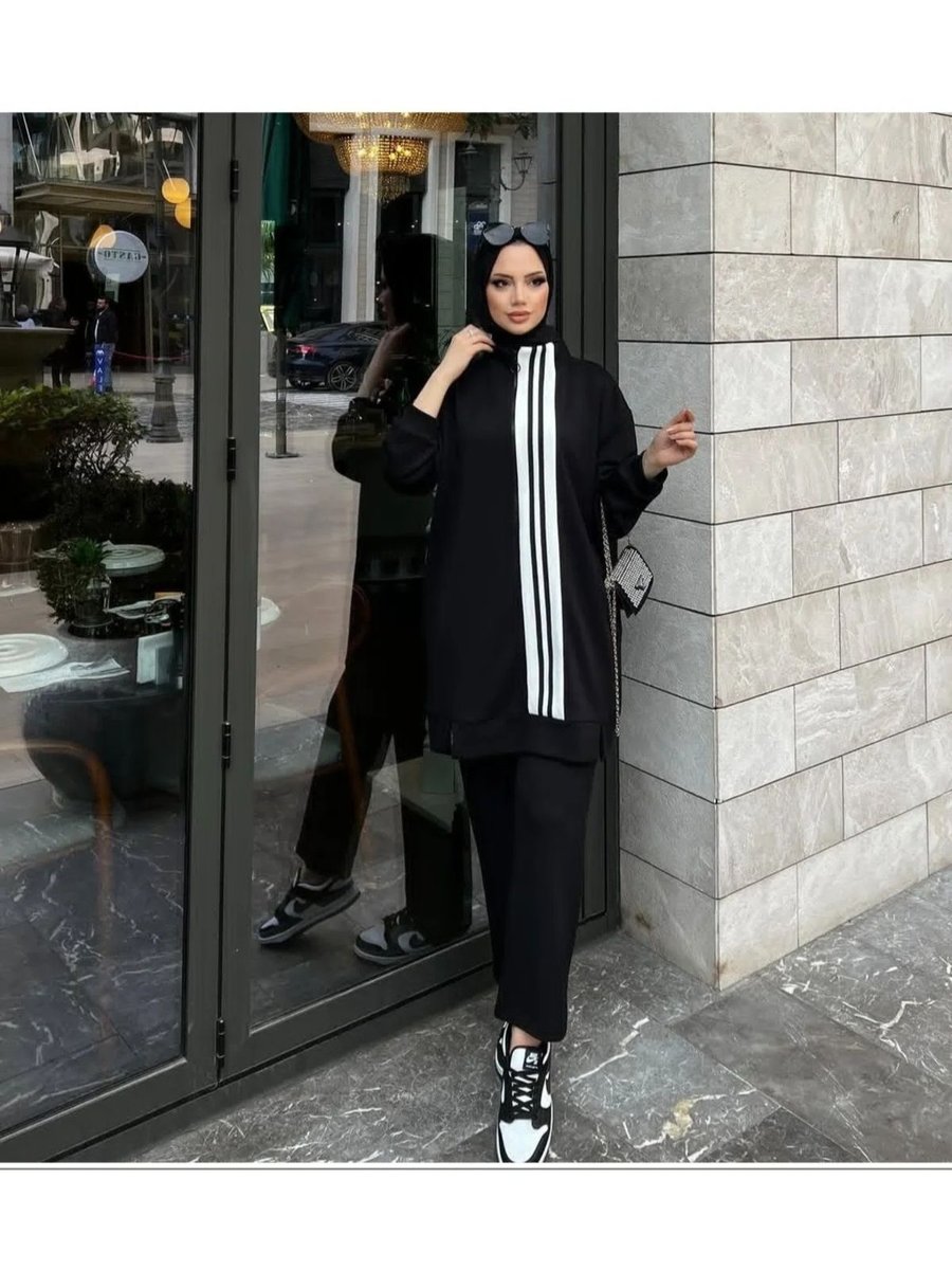 Moda Oyşo Kumaş Çizgi Detaylı Yaka Fermuarlı Kapşonsuz İkili Takım