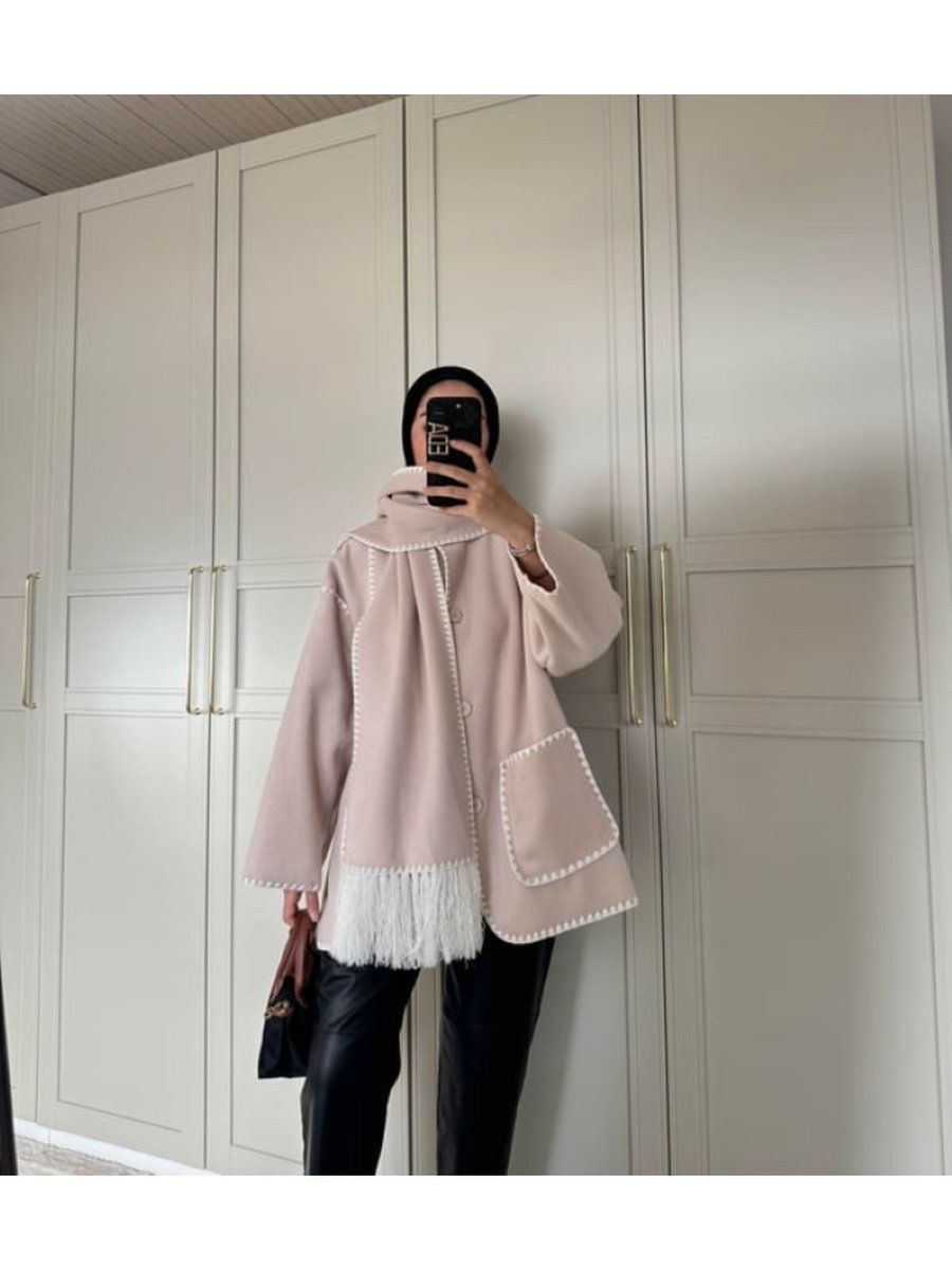 Alfudo Moda Collection Nakış Detaylı Atkılı Yumuşak Kaşe Kaban Ceket