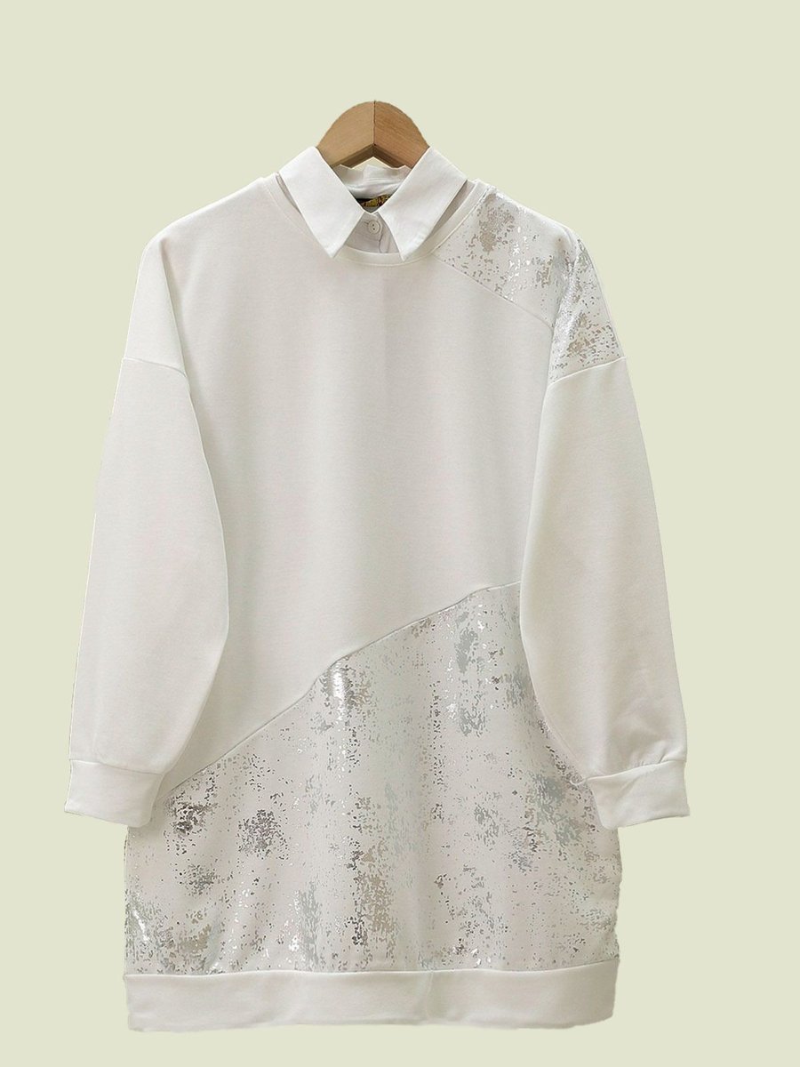 Lucia Fashion Varak Baskılı Parçalı Bisiklet Yaka Tunik