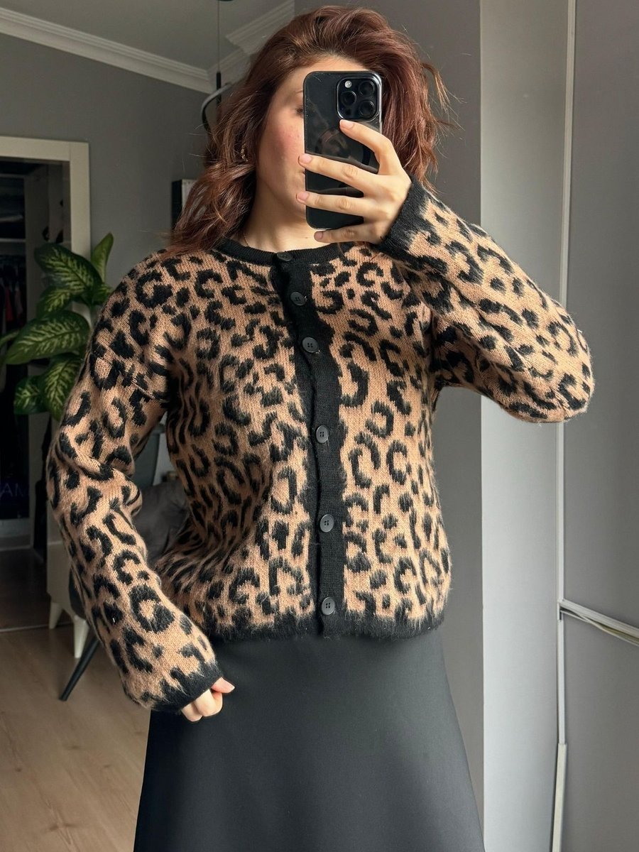 Qenz Leopar Desenli Midi Hırka Vizon