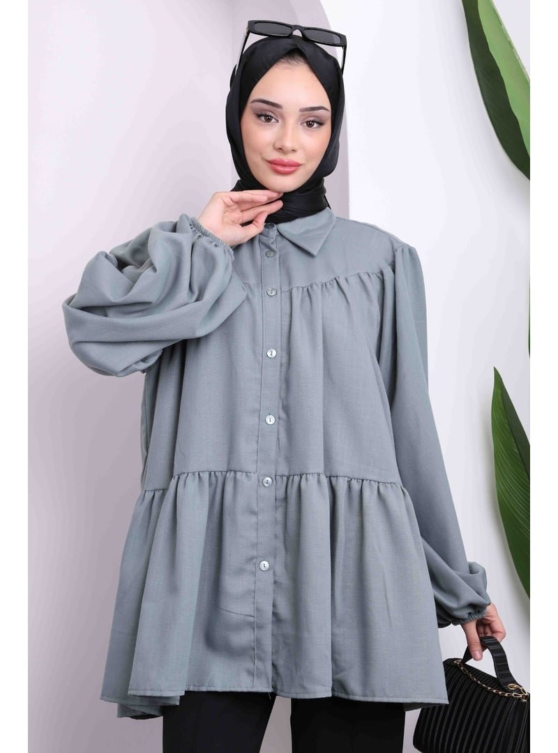 İmaj Butik Haki Kol Lastikli Eteği Katlı Gömlek