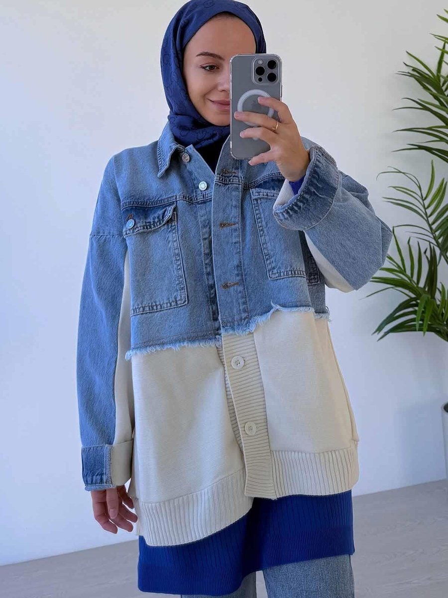 Ka Hijab Jean Detaylı Düğmeli Triko Hırka
