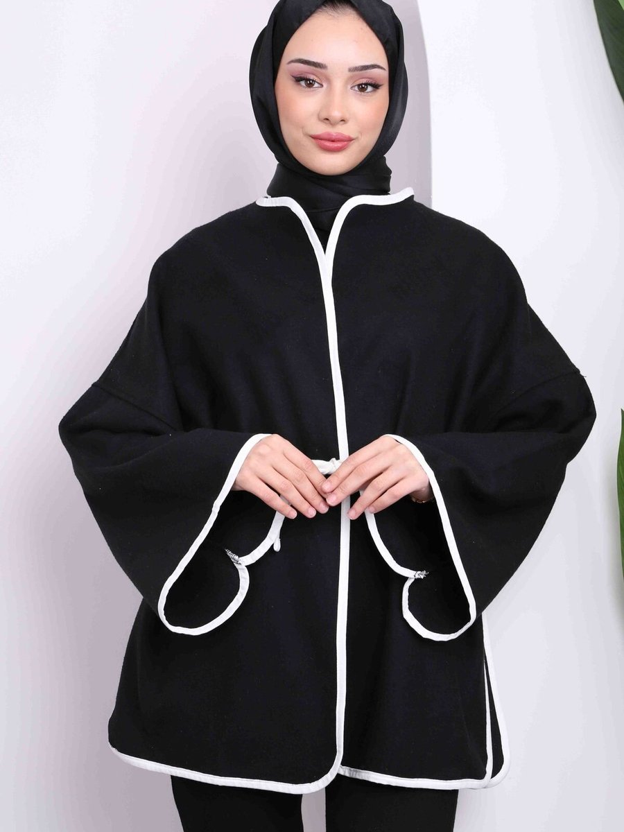 İmajbutik Siyah Bel Bağlamalı Kaşe Kimono Ceket