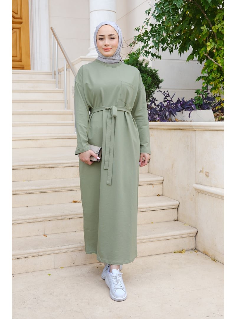 Locco Moda Bel Bağlamalı Cep Detaylı Elbise Fıstık Yeşil