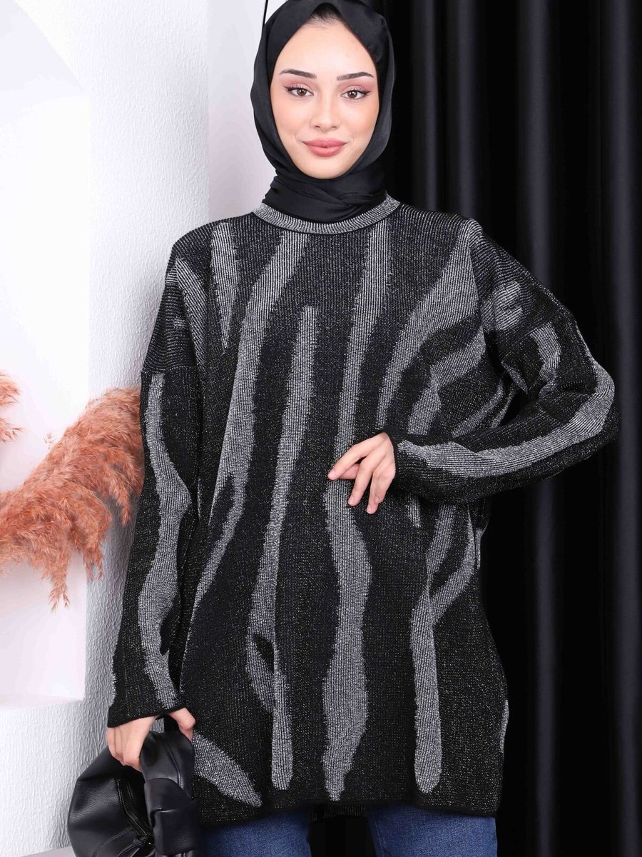 İmajbutik Siyah Desenli Simli Triko Tunik