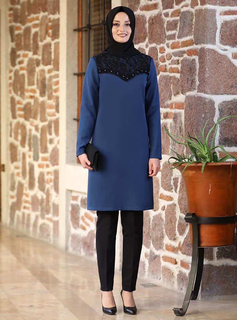 Modanisa Petrol Fuval Moda Tunik & Pantolon İkili Abiye Takım