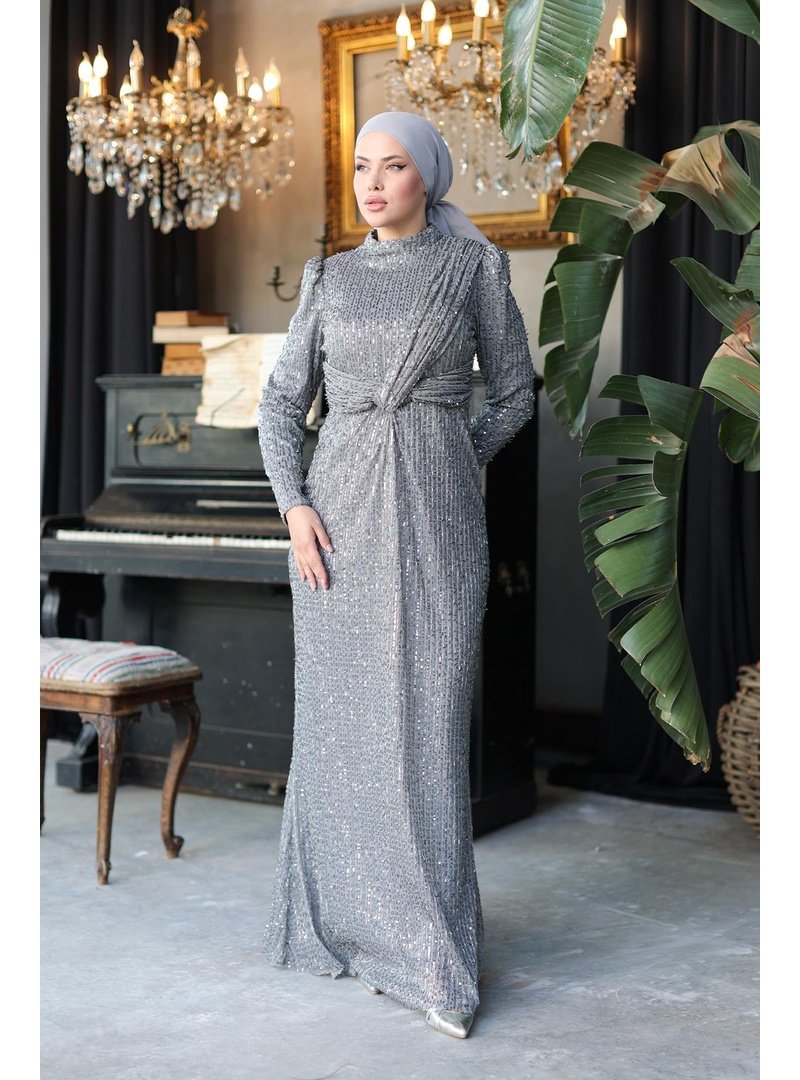 Hakimoda İpek Boncuklu Abiye Elbise Gümüş