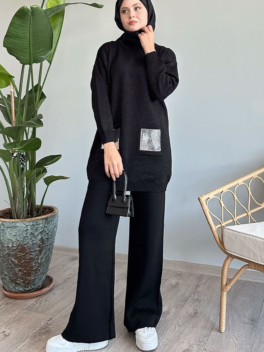 Instyle Pul Cep Simli Siyah Triko Takım