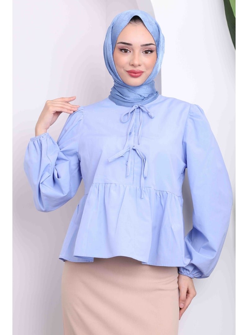 İmaj Butik Mavi Yaka Bağlamalı Kol Lastikli Gömlek