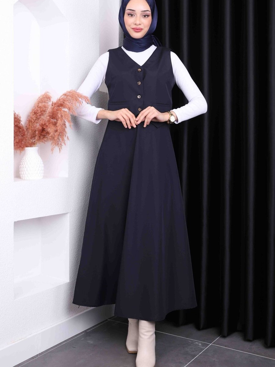 İmajbutik Lacivert Kloş Etekli Yelek Takım