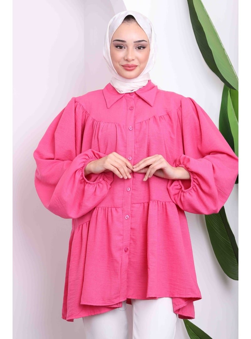 İmaj Butik Fuşya Kol Lastikli Eteği Katlı Gömlek