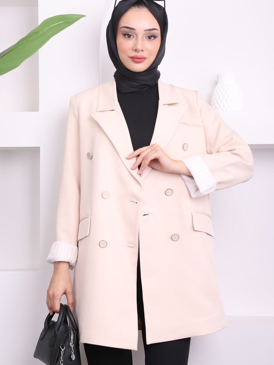 İmajbutik Taş Kruvaze Yaka Çizgili Blazer Ceket