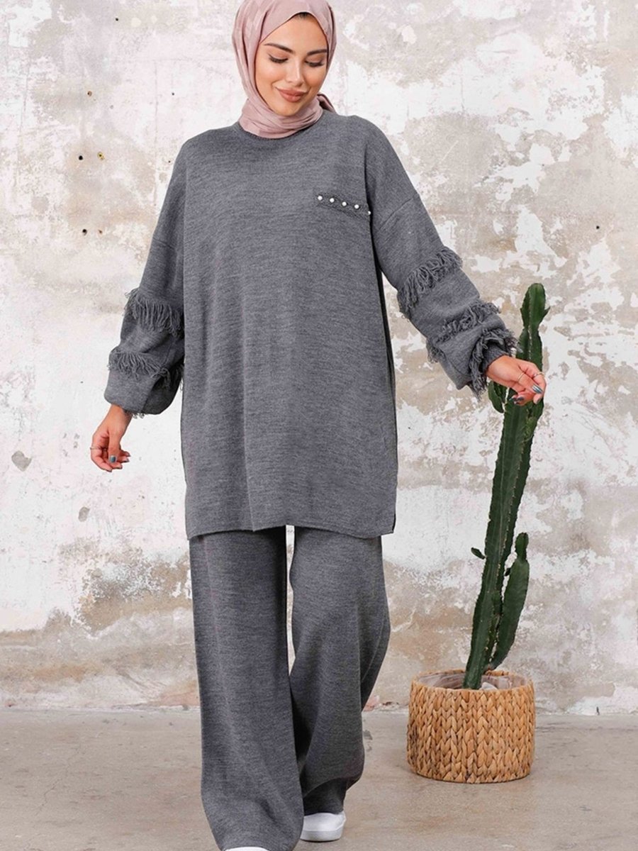 Bestenur Püskül Kol Tunik Pantolon İkili Triko Takım Antrasit