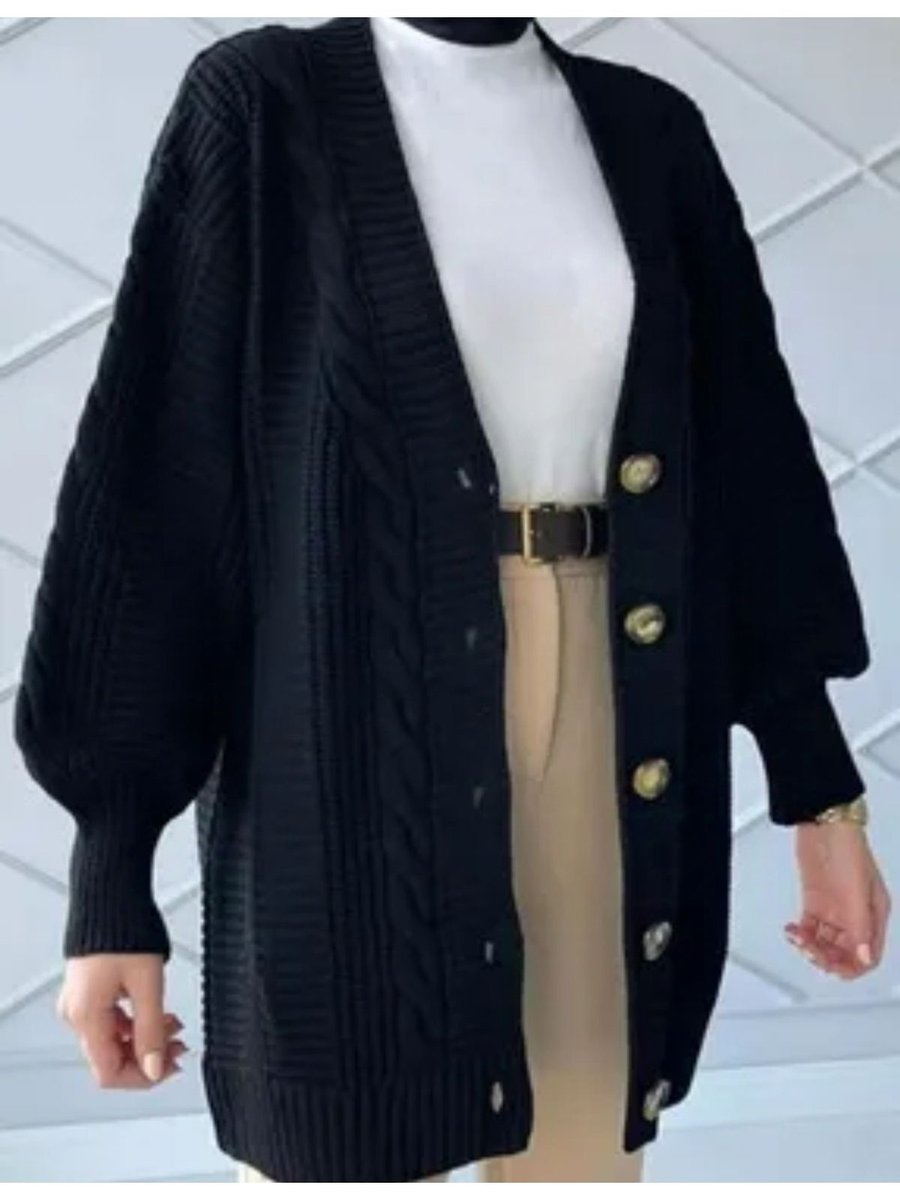 Hazal Şık Tesettür V Yaka Regular Saç Örgülü Bol Kesim Triko Hirka Kazak