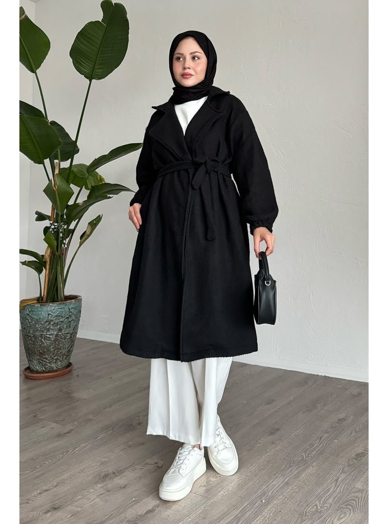 InStyle Balıksırtı Siyah Kaşe Kaban