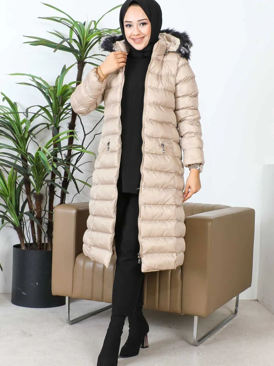 İmajbutik Bej Kapüşonlu Fermuarlı Şişme Mont
