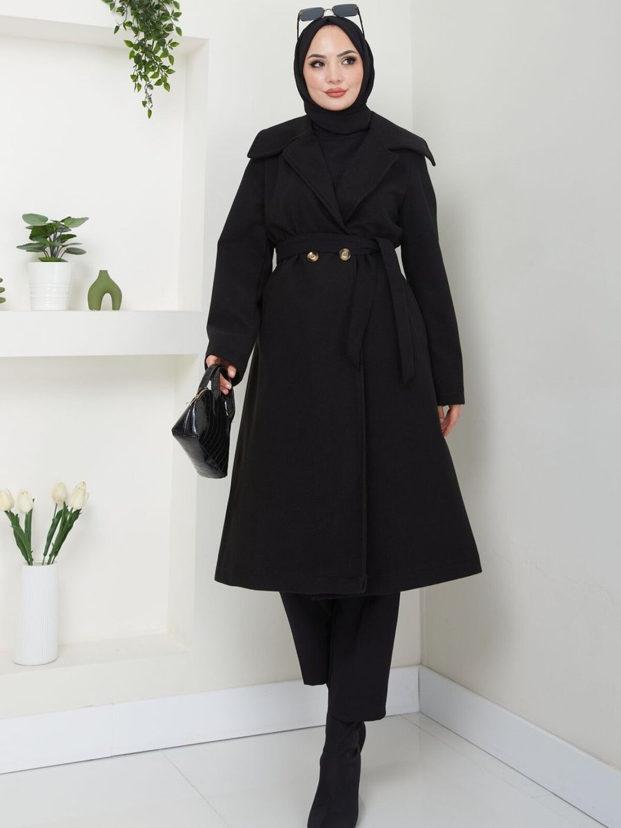 VOLT CLOTHİNG Siyah Şal Yaka Düğmeli Kuşaklı Kaşe Kaban