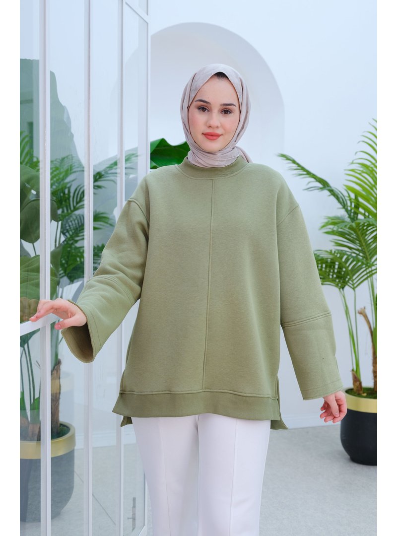 Locco Moda Bilek Yırtmaç Detaylı Oversize Sweat Fıstık Yeşil