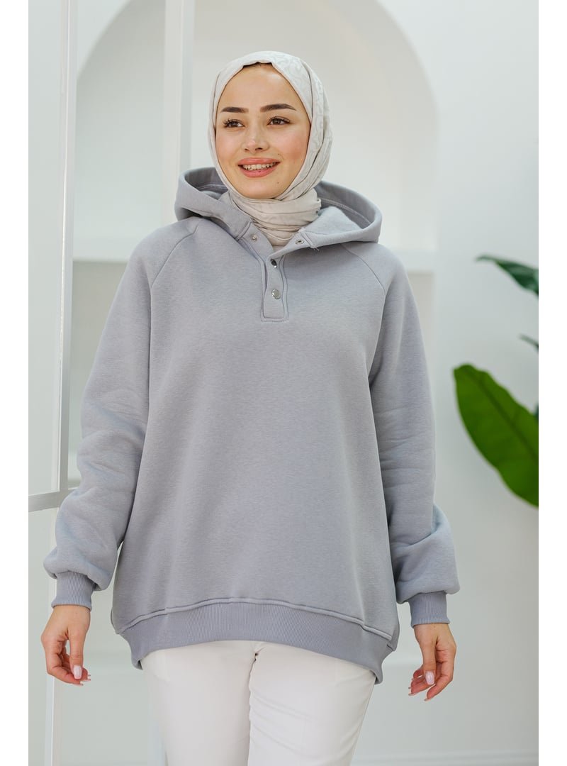 Locco Moda Gri Çıt Detay Kapüşonlu Sweat