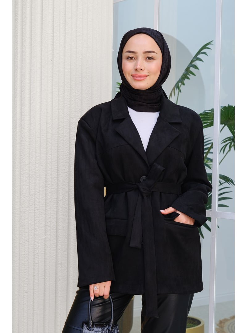 Locco Moda Siyah Bel Bağlamalı Süet Ceket