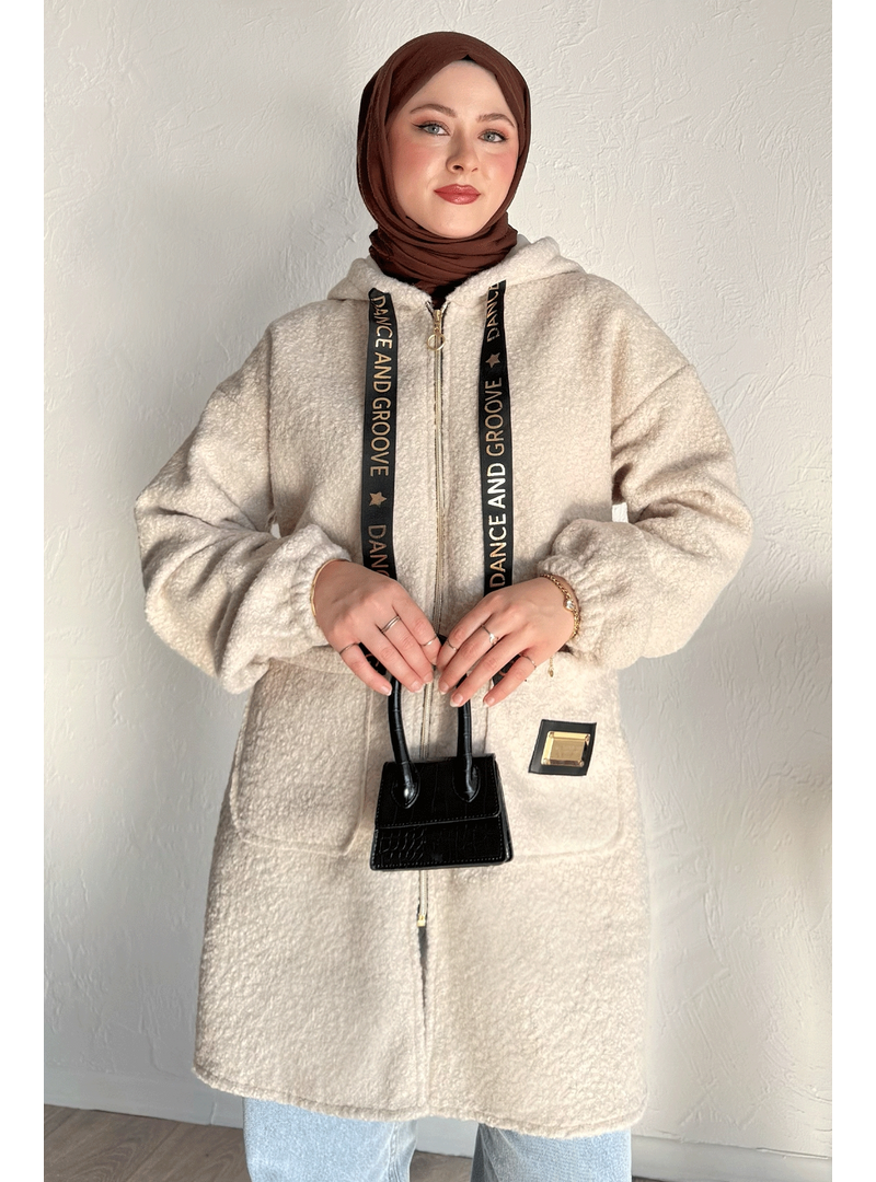 InStyle Kapüşonlu Buklet Kaşe Bej Kap