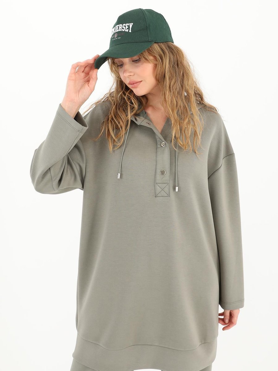 Puane Yarım Çıtçıt Düğmeli Modal Kumaş Kapüşonlu Sweatshirt