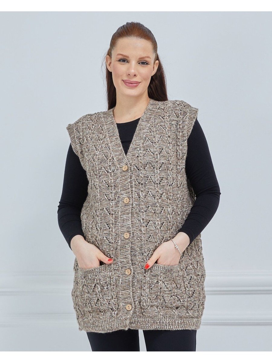 Fresh&moda Kırçıllı Kazayağı Model Kalın Kışlık Örgü Cepli Triko Anne Yelek