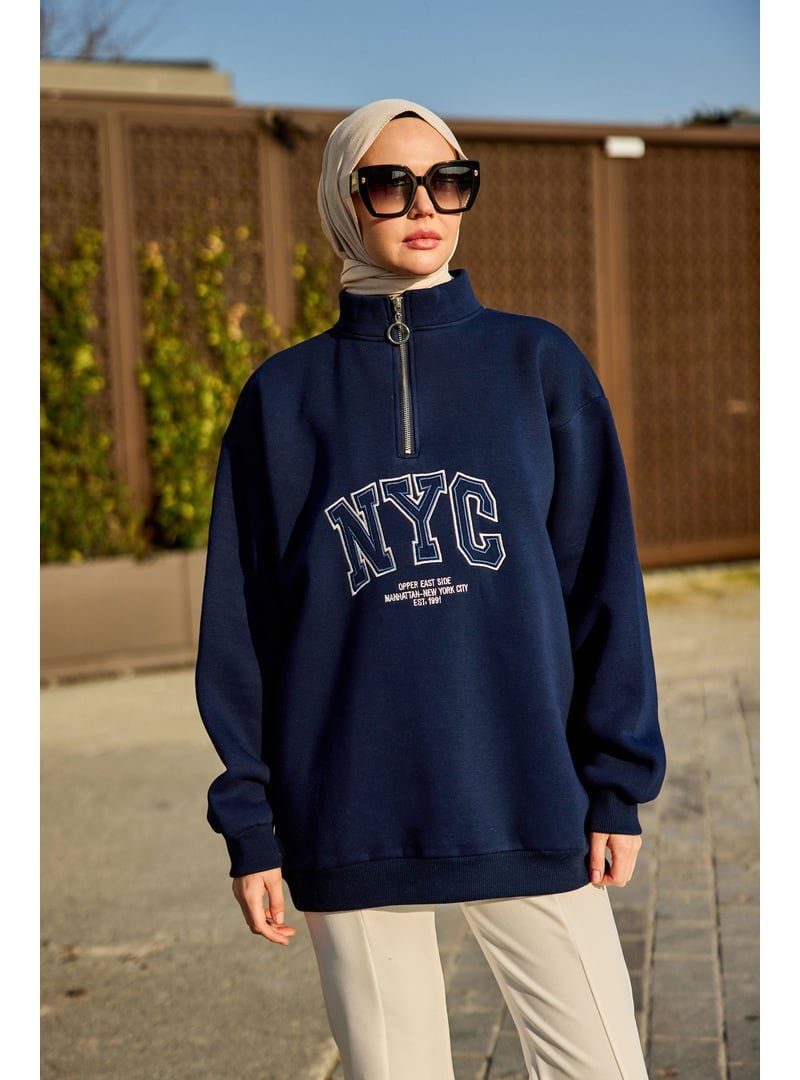 Locco Moda Lacivert Nyc Baskılı Yarım Fermuarlı Sweat