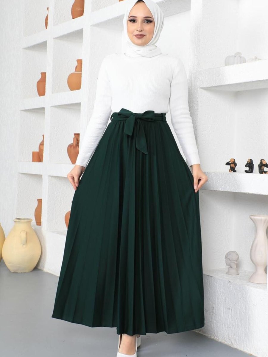 Moda Ebva Kuşaklı Pileli Uzun Etek Zümrütyeşili