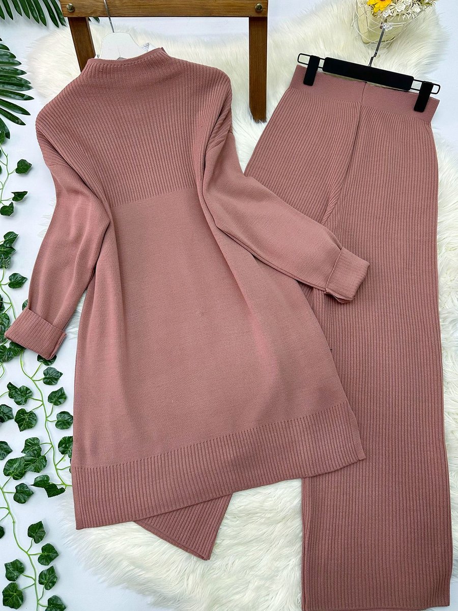 Modaqu Fitilli Triko Tunik Pantolon Takım Pembe
