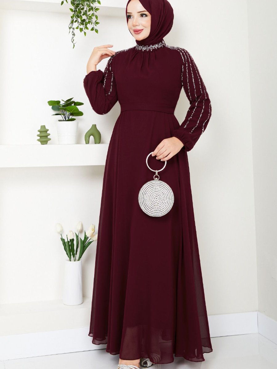 Modamerve Kolları İşlemeli Abiye Elbise M Bordo