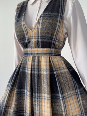 Hrmonny Vintage Modest Kışlık V Yaka Kadın Rerto Yün Ekose Uzun Jile Elbise