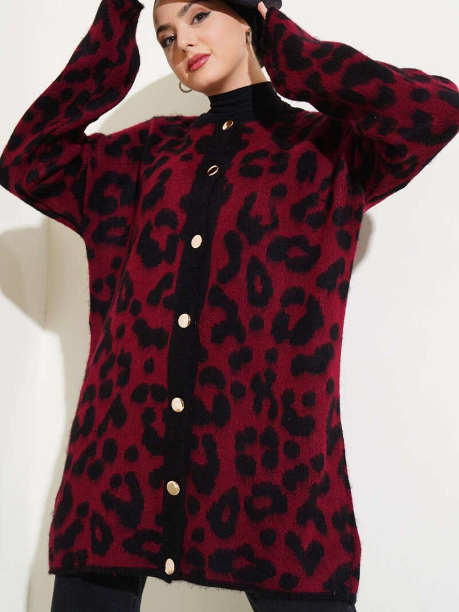 Soft Kadın Leopar Desenli Sakallı Triko Hırka