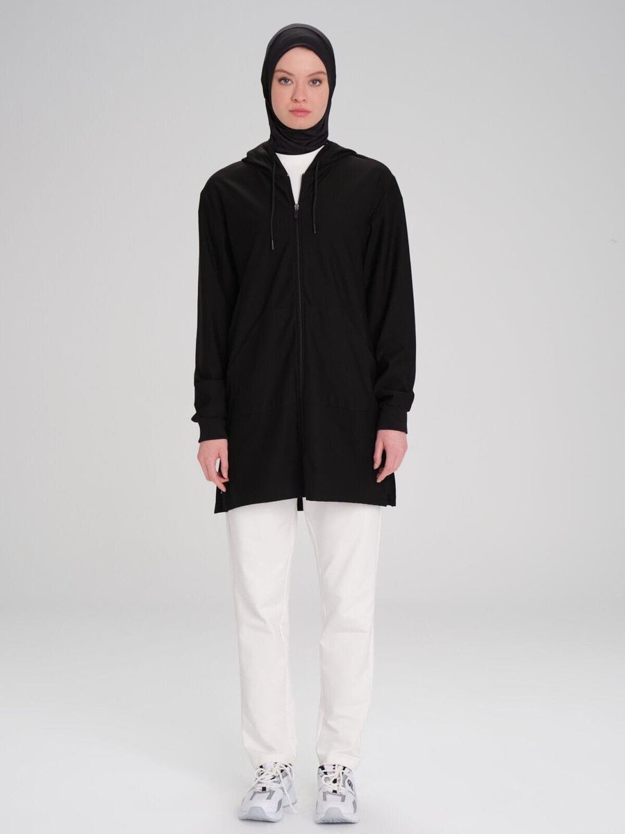 Haşema Yumuşak Dokulu Reglan Kapüşonlu Fermuarlı Siyah Basic Günlük Sweatshirt Act