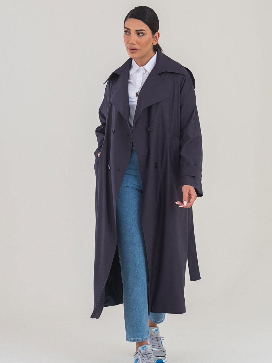 Sahra Afra Lacivert Creed Kadın Oversize Trençkot