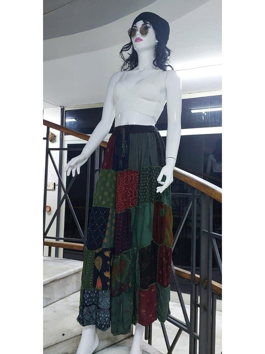 EREN STYLE Renkli Hint Etnik Desenli Patchwork Uzun Etek