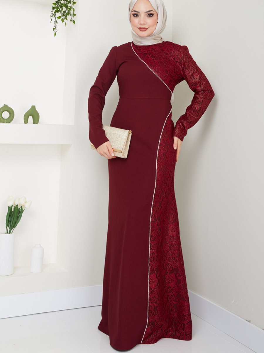 Ayşe Melek Giyim Moda Simli Dantelli Balık Abiye Elbise Bordo