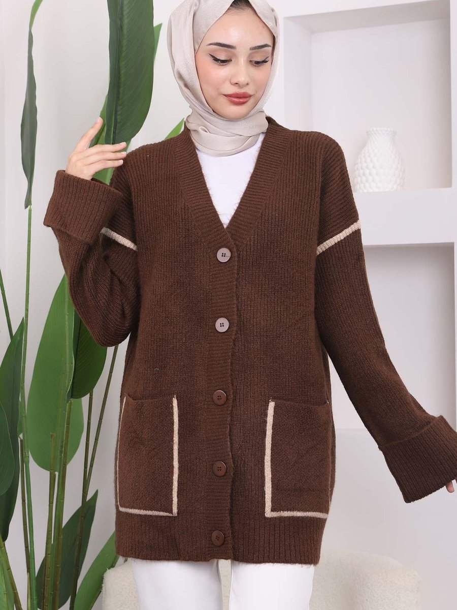 İmajbutik Kahverengi Çift Cepli Düğmeli Triko Hırka