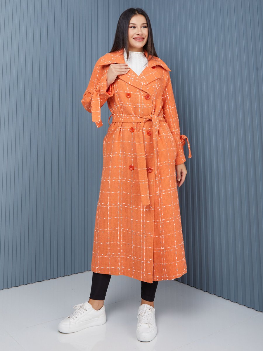 Sahra Afra Turuncu Ekose Kadın Oversize Trençkot