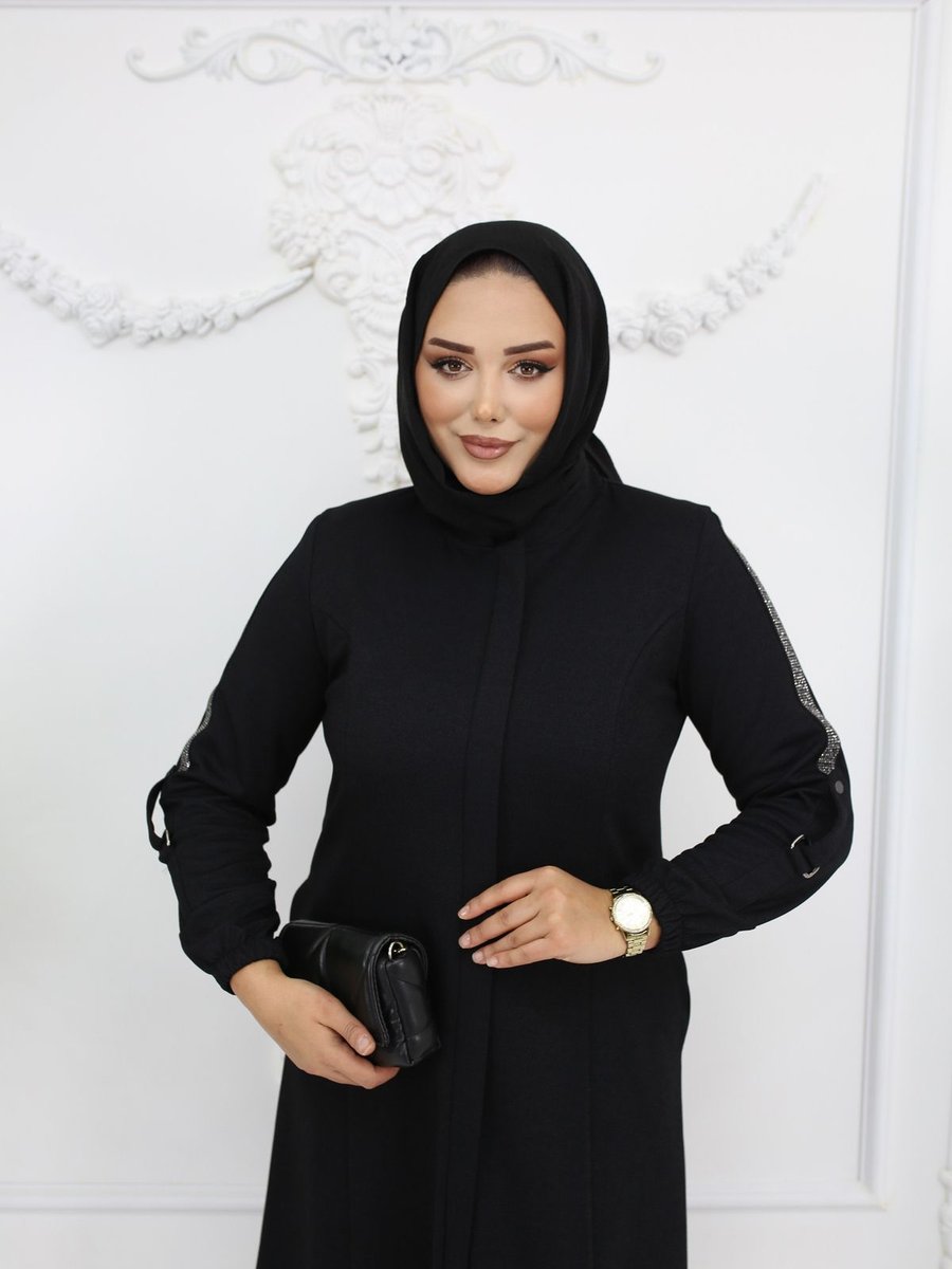 Efelif Siyah Taş Apoletli Fermuarlı Büyük Beden Azra Kışlık Ferace