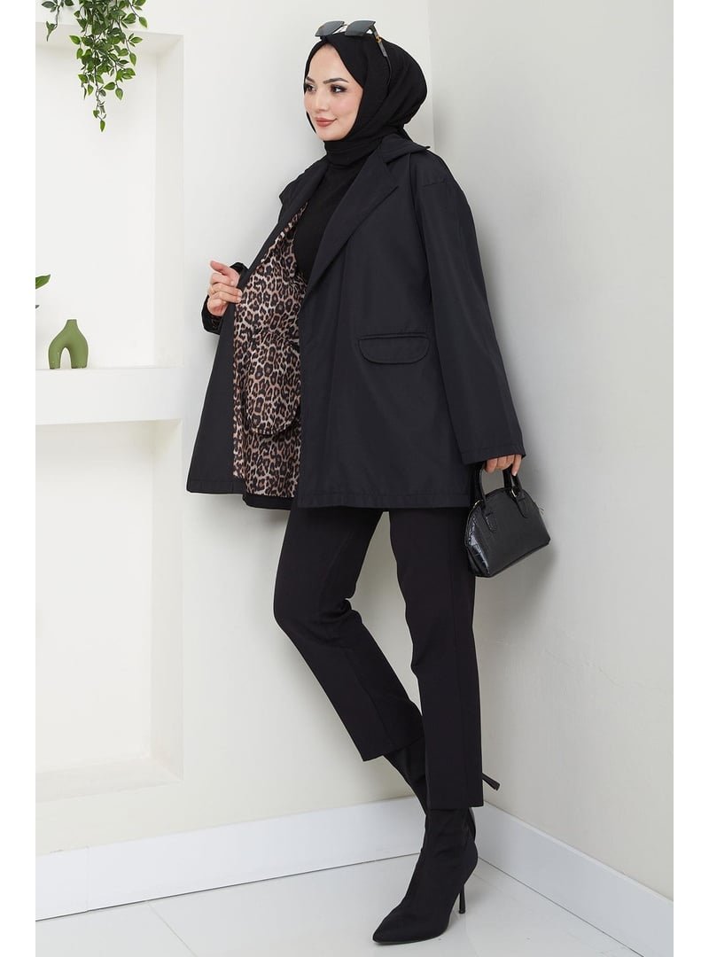 Hafsa Mina Siyah Leopar Detaylı Oversize Bondit Ceket