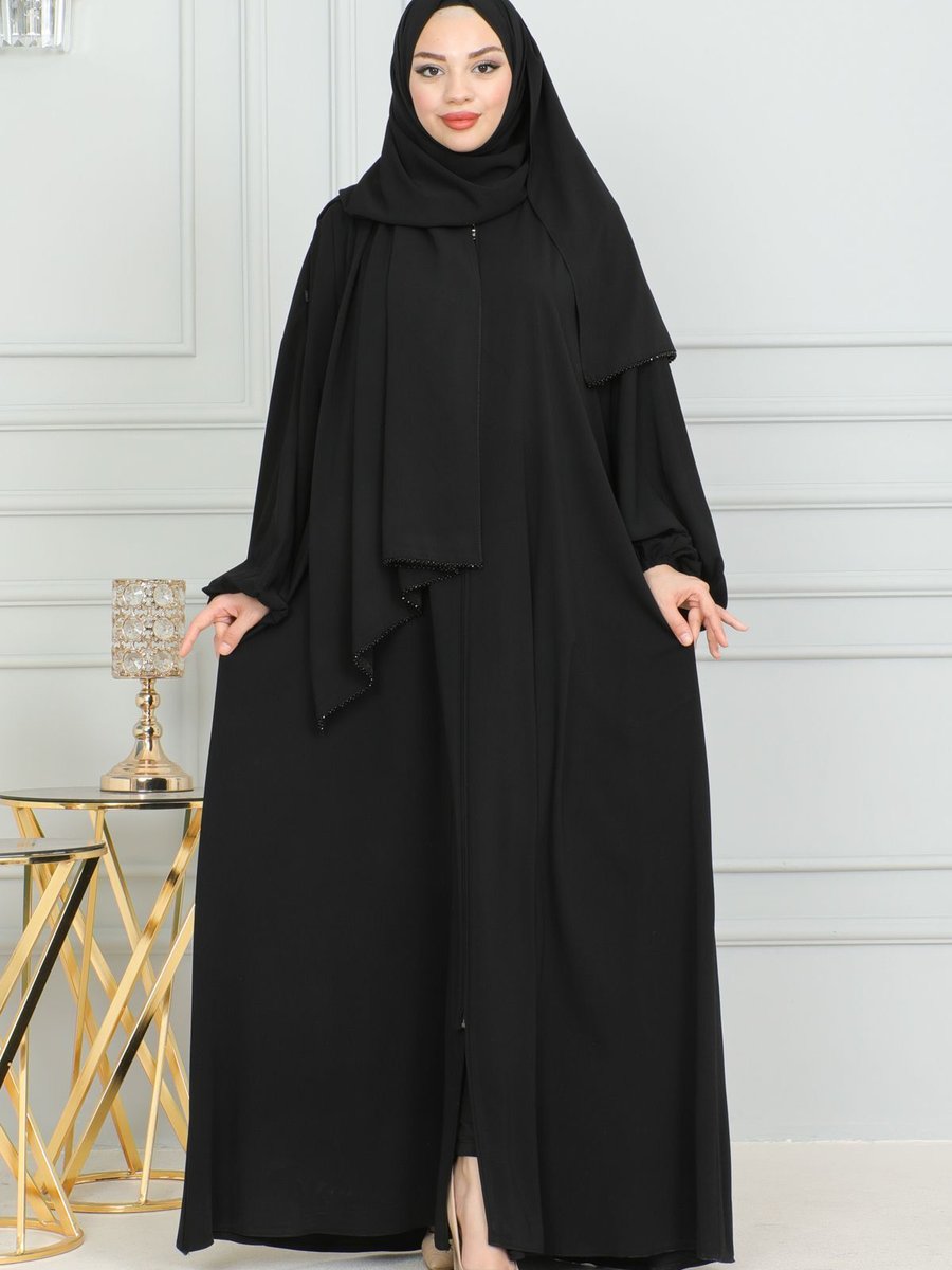 Kadeem Kendinden Şallı Taşlı Abaya Yarasa Medine İpeği