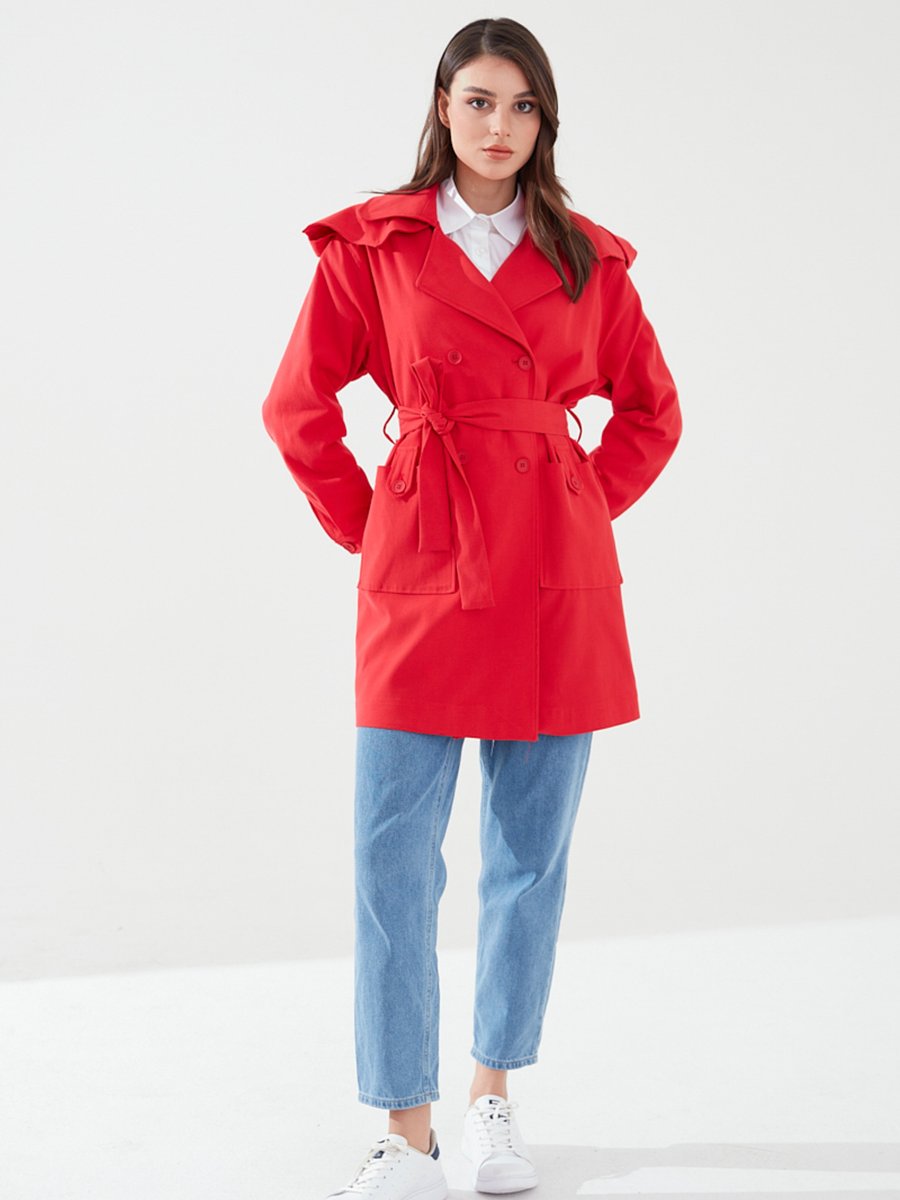 Sahra Afra Kırmızı Kadın Oversize Kısa Trençkot
