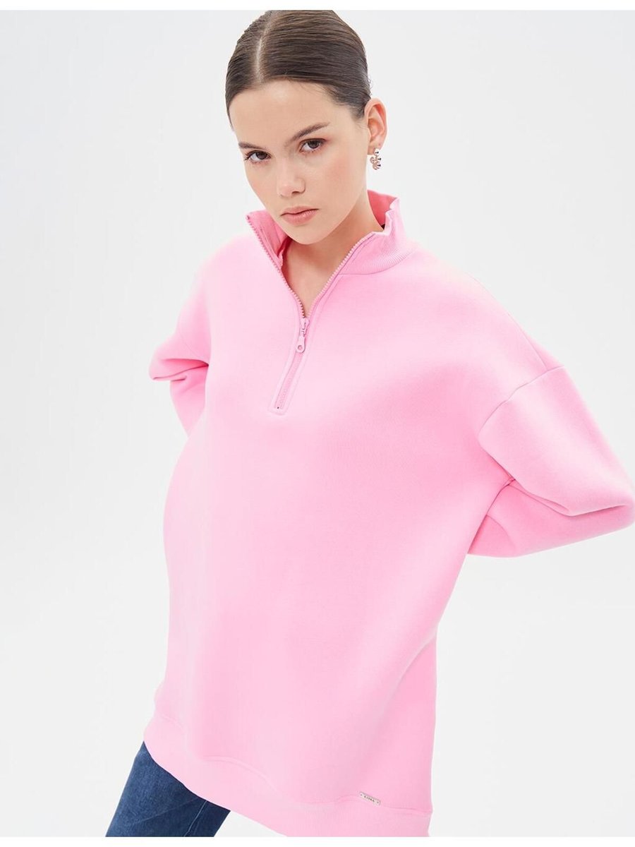 Kayra Düşük Omuz Fermuar Kapamalı Sweatshirt Pembe