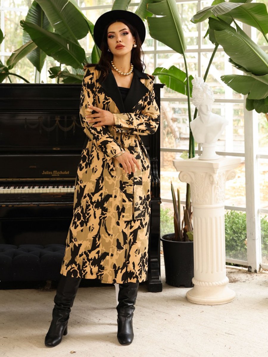 Sahra Afra Sarı Kamuflaj Kadın Oversize Trençkot