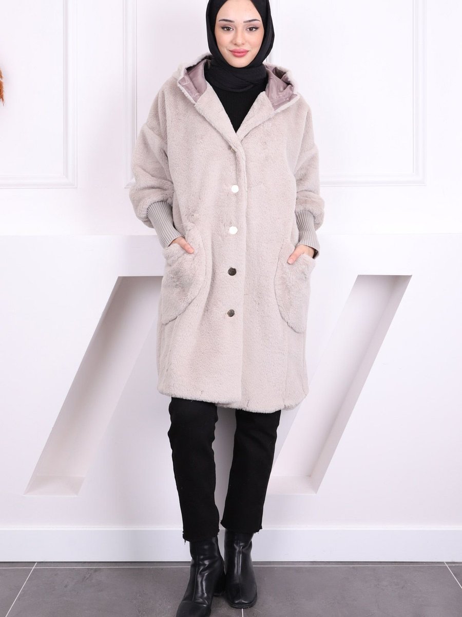 İmajbutik Vizon Kapüşonlu Angora Kaban
