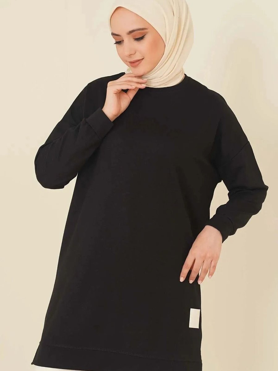 Exxitcollection Bisiklet Yaka Mevsimlik Yırtmaçlı Armalı Tunik Sweat Sweatshirt